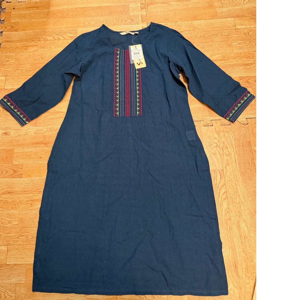 Siyahi South Cotton Navy Blue Embroidered Midi Dress 3/4 Sleeve Size M NWT